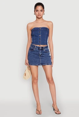 Womens Haute Monde Button Front Denim Tube Top, Blue,