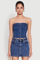 Womens Haute Monde Button Front Denim Tube Top, Blue,