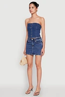 Womens Haute Monde Button Front Denim Tube Top, Blue,