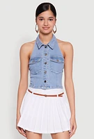 Womens Haute Monde Collared Denim Halter Top, Blue,