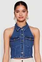 Womens Haute Monde Collared Denim Halter Top, Blue, Size M