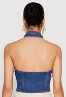 Womens Haute Monde Collared Denim Halter Top, Blue, Size M