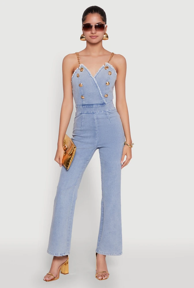 Womens Stylish Denim Sleeveless V Neck Jumpsuit with Flared Leg, Blue, Size L