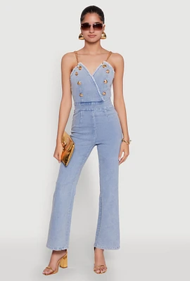 Womens Stylish Denim Sleeveless V Neck Jumpsuit with Flared Leg, Blue, Size L