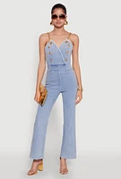 Womens Stylish Denim Sleeveless V Neck Jumpsuit with Flared Leg, Blue, Size L
