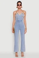 Womens Stylish Denim Sleeveless V Neck Jumpsuit with Flared Leg, Blue, Size L