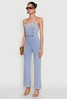 Womens Stylish Denim Sleeveless V Neck Jumpsuit with Flared Leg, Blue, Size L