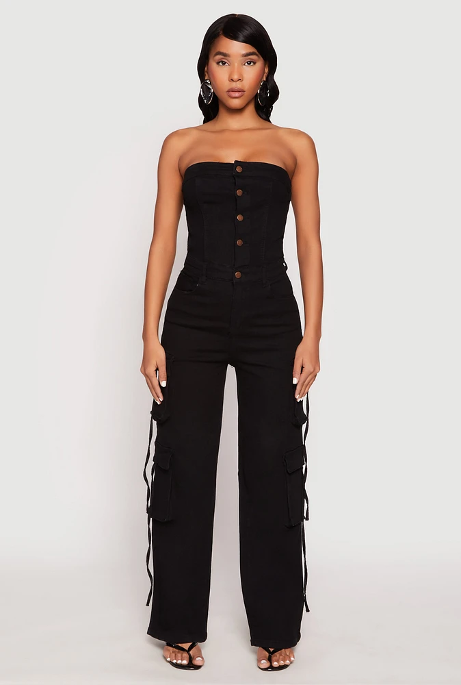 Womens Daisy Denim Button Front Cargo Jumpsuit,