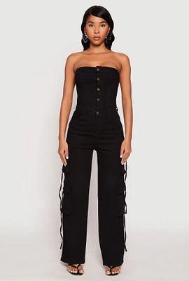 Womens Daisy Denim Button Front Cargo Jumpsuit,