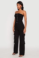 Womens Daisy Denim Button Front Cargo Jumpsuit,