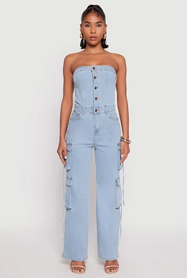 Womens Daisy Denim Button Front Cargo Jumpsuit, Blue,