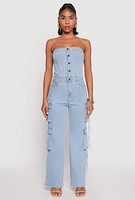 Womens Daisy Denim Button Front Cargo Jumpsuit, Blue, Size L