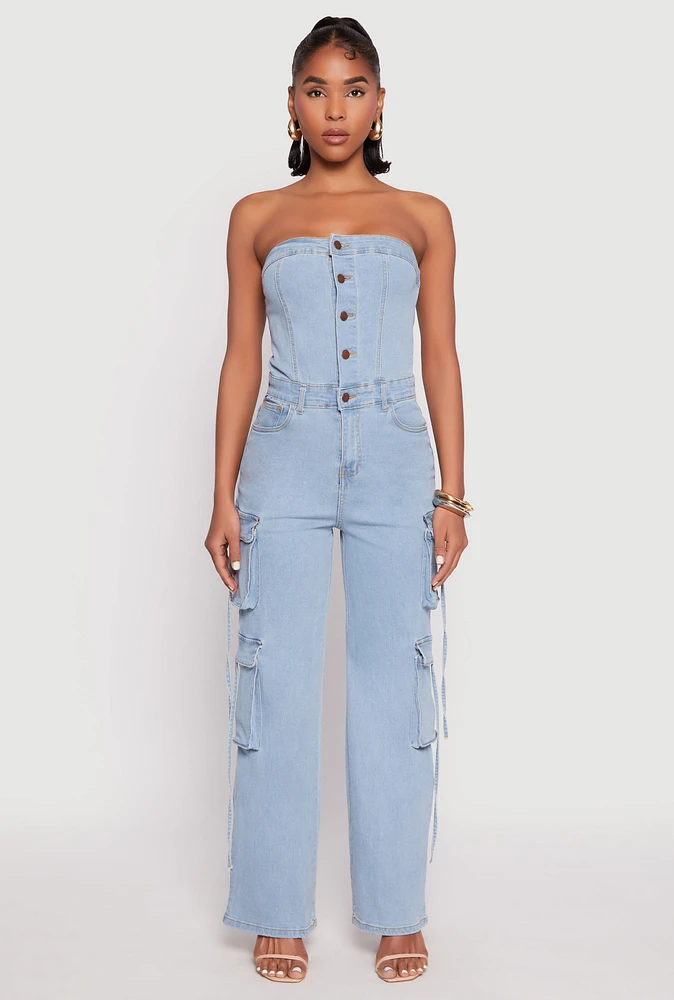 Womens Daisy Denim Button Front Cargo Jumpsuit, Blue, Size M
