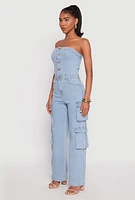 Womens Daisy Denim Button Front Cargo Jumpsuit, Blue, Size L