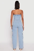 Womens Daisy Denim Button Front Cargo Jumpsuit, Blue, Size L