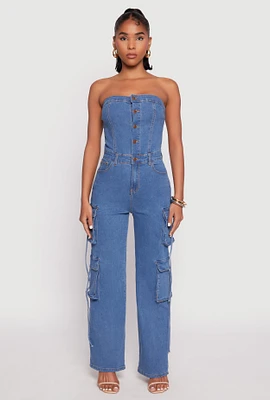 Womens Daisy Denim Button Front Cargo Jumpsuit, Blue, Size L