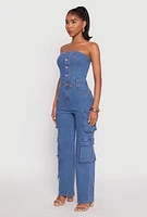 Womens Daisy Denim Button Front Cargo Jumpsuit, Blue, Size L
