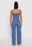 Womens Daisy Denim Button Front Cargo Jumpsuit, Blue,