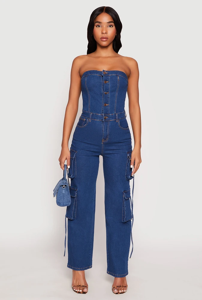 Womens Daisy Denim Button Front Cargo Jumpsuit, Blue,