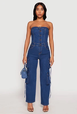 Womens Daisy Denim Button Front Cargo Jumpsuit, Blue, Size L