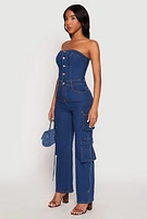 Womens Daisy Denim Button Front Cargo Jumpsuit, Blue,