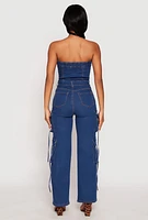 Womens Daisy Denim Button Front Cargo Jumpsuit, Blue,