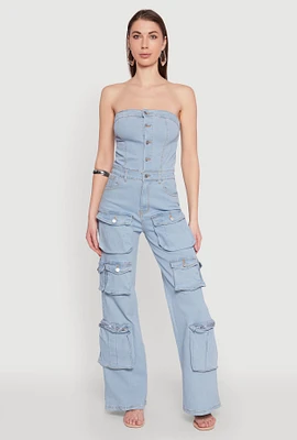 Womens Daisy Wide Leg Cargo Pocket Jumpsuit, Blue,