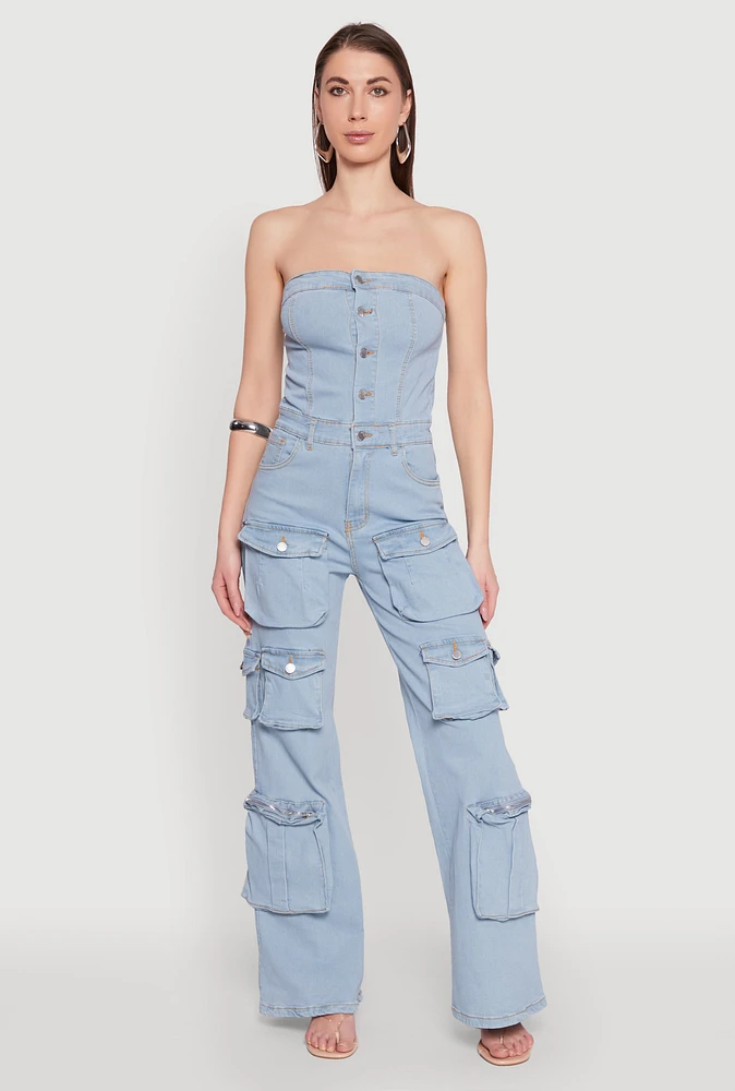 Womens Daisy Wide Leg Cargo Pocket Jumpsuit, Blue, Size XL