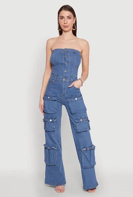 Womens Daisy Wide Leg Cargo Pocket Jumpsuit, Blue,
