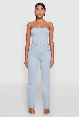 Womens Daisy Strapless Corset Denim Jumpsuit, Blue, Size S