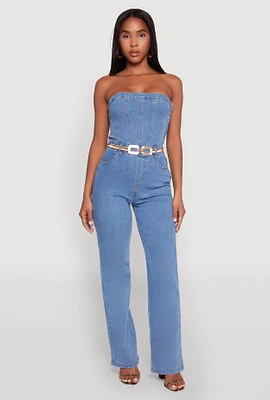 Womens Daisy Strapless Corset Denim Jumpsuit, Blue,