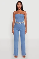 Womens Daisy Strapless Corset Denim Jumpsuit, Blue,