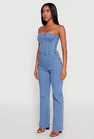 Womens Daisy Strapless Corset Denim Jumpsuit, Blue,