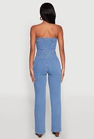 Womens Daisy Strapless Corset Denim Jumpsuit, Blue,