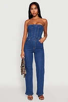 Womens Daisy Strapless Corset Denim Jumpsuit, Blue,