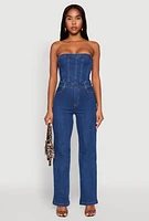 Womens Daisy Strapless Corset Denim Jumpsuit, Blue,