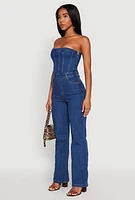 Womens Daisy Strapless Corset Denim Jumpsuit, Blue,