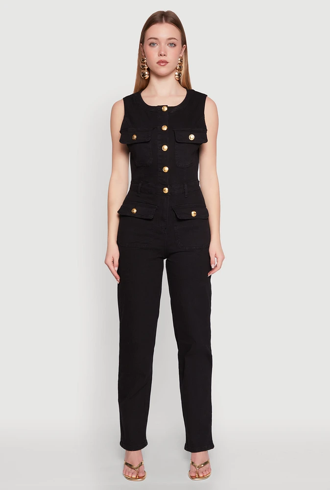 Womens Daisy Sleeveless Button Front Denim Jumpsuit,