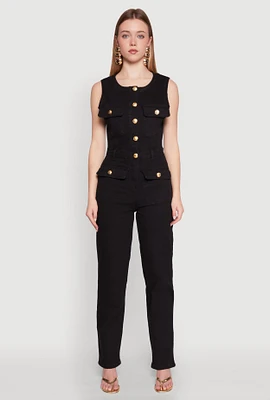 Womens Daisy Sleeveless Button Front Denim Jumpsuit,