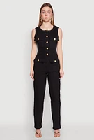 Womens Daisy Sleeveless Button Front Denim Jumpsuit,