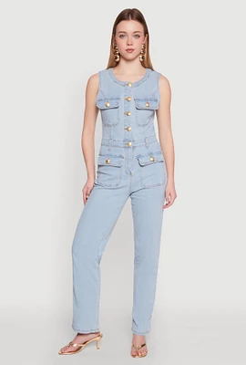 Womens Daisy Sleeveless Button Front Denim Jumpsuit, Blue, Size M