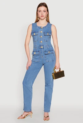 Womens Daisy Sleeveless Button Front Denim Jumpsuit, Blue,