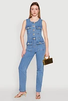 Womens Daisy Sleeveless Button Front Denim Jumpsuit, Blue,
