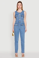 Womens Daisy Sleeveless Button Front Denim Jumpsuit, Blue,