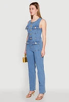 Womens Daisy Sleeveless Button Front Denim Jumpsuit, Blue,