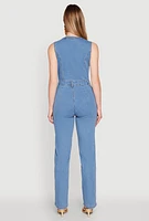 Womens Daisy Sleeveless Button Front Denim Jumpsuit, Blue,
