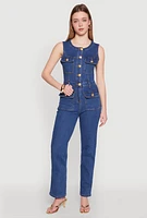Womens Daisy Sleeveless Button Front Denim Jumpsuit, Blue,