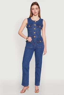 Womens Daisy Sleeveless Button Front Denim Jumpsuit, Blue,