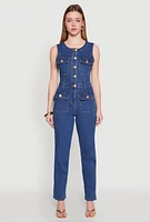 Womens Daisy Sleeveless Button Front Denim Jumpsuit, Blue,