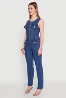 Womens Daisy Sleeveless Button Front Denim Jumpsuit, Blue,